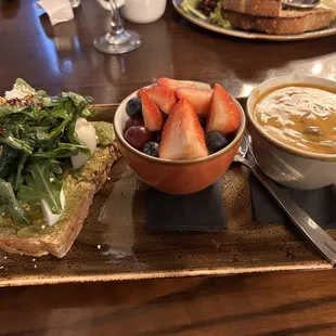 Avocado toast, fresh fruit, and Hungarian Mushroom Soup