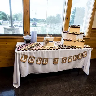 Dessert table setup for Wedding Reception at Nature &amp; Retreat Center.