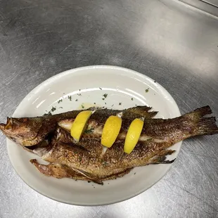 Fresh caught Whole baby Rockfish served with potato, vegetable, and soup or salad.