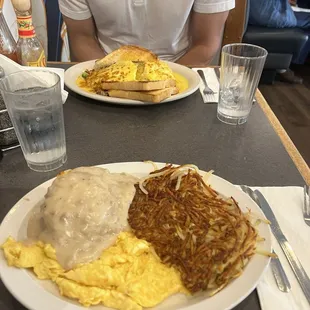 Biscuits and gravy + hashbrowns + eggs