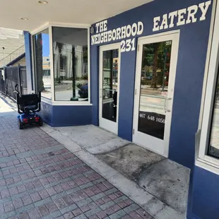 the entrance to the neighborhood eatery