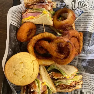 Club sandwich, onion rings, Mexican corn bread