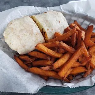 Bbq panko chicken wrap and sweet potato fries