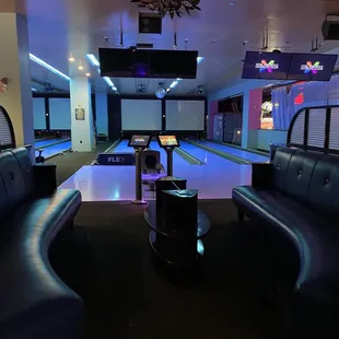 a bowling alley with bowling lanes
