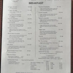 the breakfast menu for the restaurant