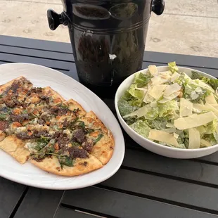 Steak and Blue Cheese Flatbread and Large Caeser Salad.