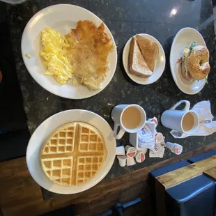 Belgian Waffle  Eggs, Toast, and Home fries  Asiago bagel sandwich