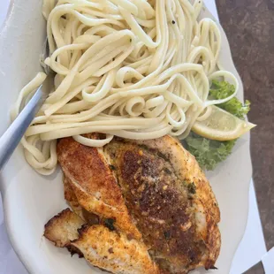 founder stuffed with crab and linguine with garlic butter