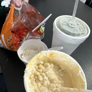 corn in a cup, fruit and cheese ice cream and lime hot Cheetos with nacho cheese