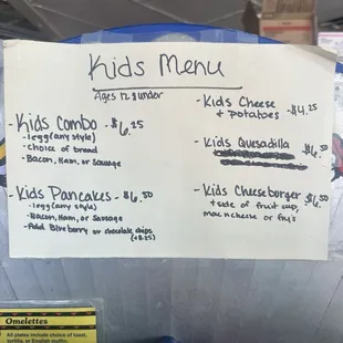 Kids menu
