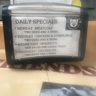 Bar specials menu