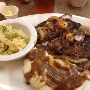 Liver &amp; Onions with broccoli and cauliflower with cheese. Mashed potato and gravey