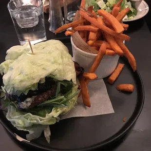 Bunless burger and sweet potato fries!