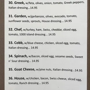 a menu for large green salads