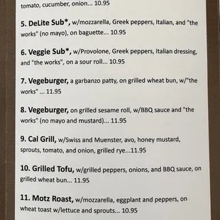 a menu for vegetarian sandwiches