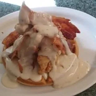 Chicken &amp; Waffles Buffalo Sauce, Maple Syrup &amp; Bacon Or Country Gravy etc...