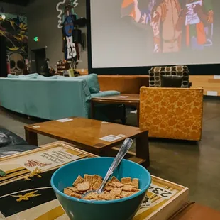 Saturday morning cartoon and cereal-- for Cereal Cinema!