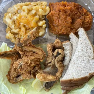 2 item combo with yams, Mac and cheese, wings, and whiting