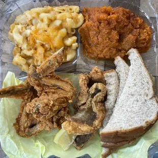 2 item combo with yams, Mac and cheese, wings, and whiting