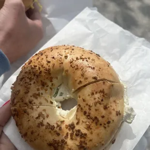 Onion bagel with chive cream cheese