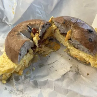 Bacon, egg, and cheese on a blueberry bagel