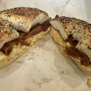The classic with egg, American cheese and bacon is a perfect sandwich on an everything bagel