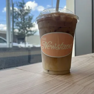 Iced vanilla latte with almond milk.