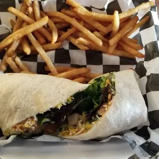 Blackened chicken wrap with beer fries