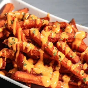 a plate of cheesy fries