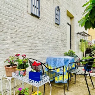 a table and chairs outside