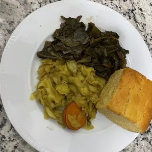 Cabbage, collard greens, and scrumptious cornbread.