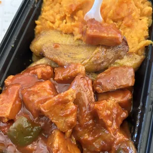 Vegan barbecue chicken, Plantains, and sweet potatoes