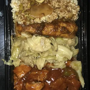 Brown Rice, Jerk and BBQ Chicken, and Cabbage