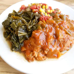 Okra, collard greens, and barbecue chicken