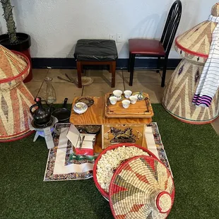 Coffee area + Ethiopian decor.... Coffee originated in Ethiopia