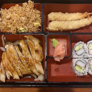 Bento box with teriyaki chicken and tempura shrimp