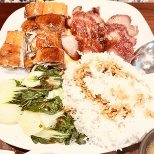 Bbq pork, duck veggies and rice