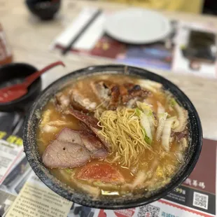 BBQ Special Noodle Soup: egg noodle, tomato fish broth, bbq pork and roasted duck