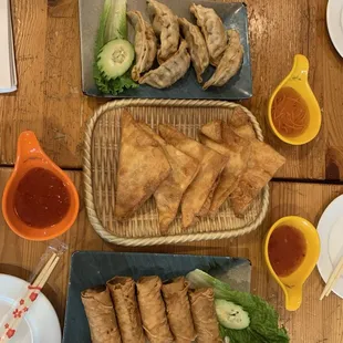 Pot stickers, crab cheese wontons, egg rolls