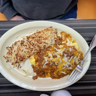 Chili Cheese Omelette with hash browns