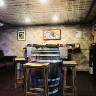 a bar with stools