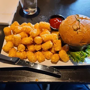 Spicy Burger with tots. Perfection!