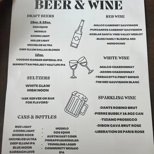 Beer/ Wine menu