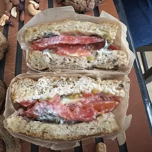 Heirloom tomato sando on housemade focaccia