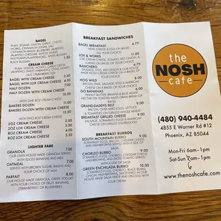 the menu for the nosh cafe