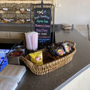 a basket of snacks on the counter