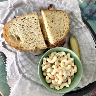 Pastrami Reuben/Rachael Sandwich with mac salad