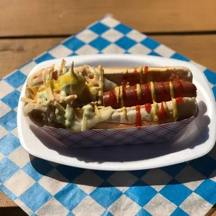 a hot dog with ketchup and mustard