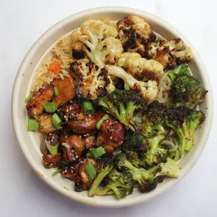 Balanced Bowl: Festival Rice, Thai Sweet Potato Noodles, Roasted Lemon Garlic Broccoli, Herb Roasted Cauliflower, and Teriyaki Chicken.