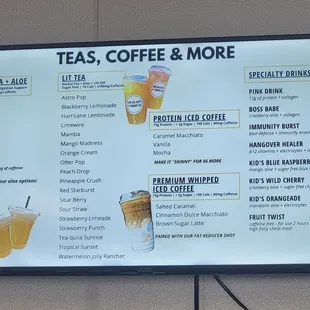 a menu for teas, coffee and more